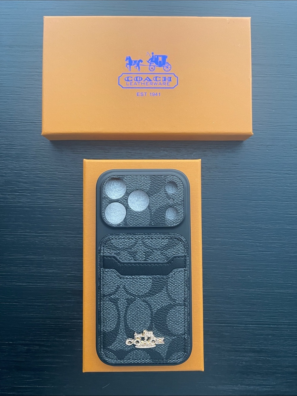 iPhone 17 Pro Coach Black Leather 2 Card Pocket Phone Case. Box included.